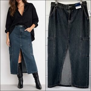 90s Cargo Pocket Column Denim‎ Maxi Skirt 16 Mid Rise Vtg Y2K Utility Streetwear